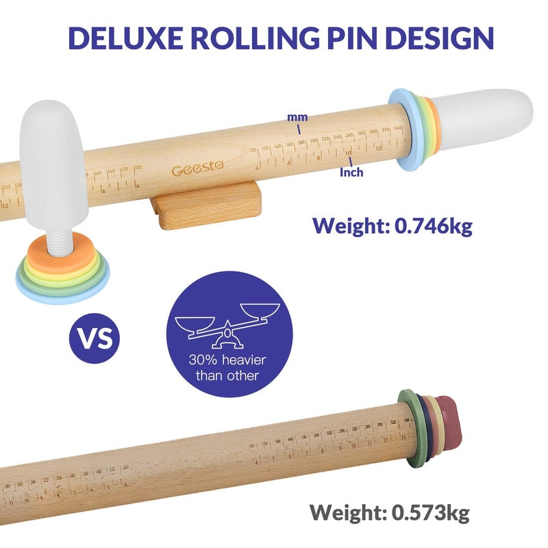 Geesta Adjustable Wood Rolling Pin with 5 Thickness Rings, Precise Dough Roller Handle Press Design with Measurement Guide for Baking Fondant, Pie Crust, Cookie, Pastry - Baking Essential - Image 5